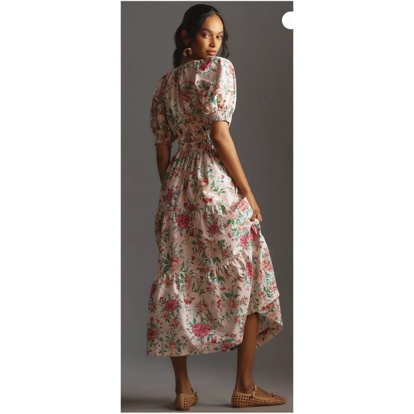 Anthropologie Somerset Puff Sleeve Dress Pink Floral Smocked Tiered Maxi Neutral - Picture 2 of 2